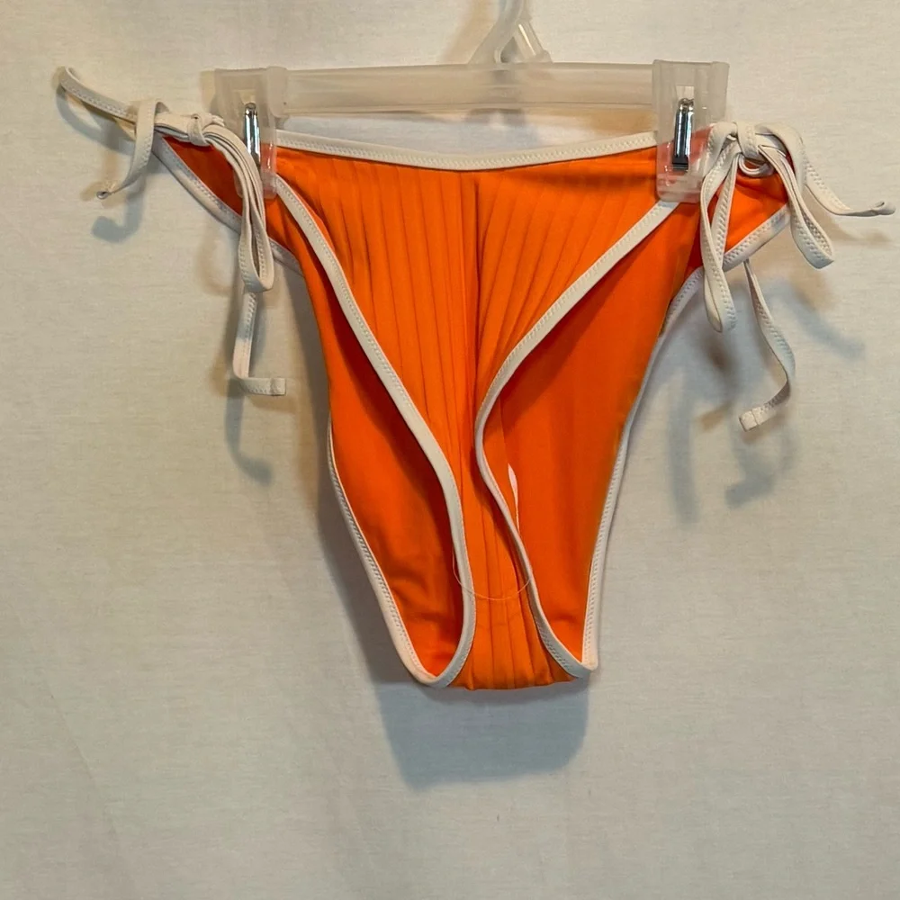 AA-272 Aerie NWT Cheekiest Side Tie Orange &‎ White Ribbed Swim Bikini Bottoms